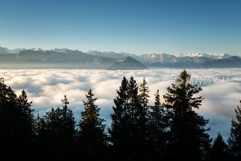 Fog over lake Lucerne from Mount Rigi early in the morning with Eiger, Mönch und Jungfrau